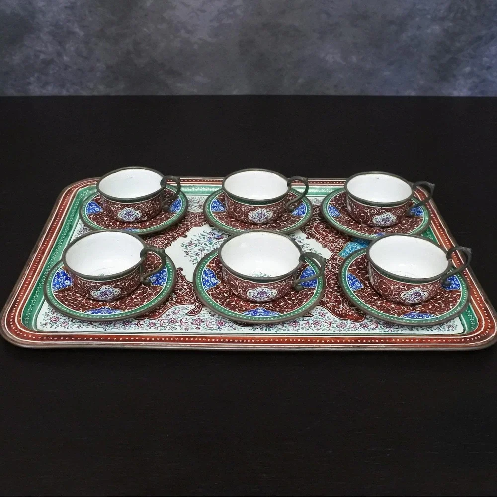 Antique Persian Minakari Enamel Floral Birds Tea & Coffee Cups Saucers Tray Set